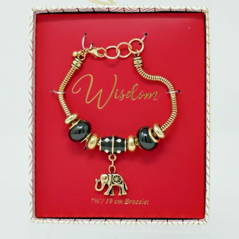 Wisdom Elephant Charm Bracelet Gold-tone Fashion Jewelry NWT